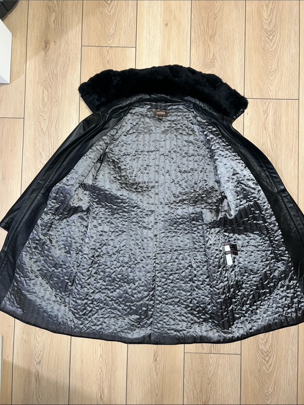 Danier Black Leather Coat with Plush Rabbit Fur Collar - Picture 6 of 15